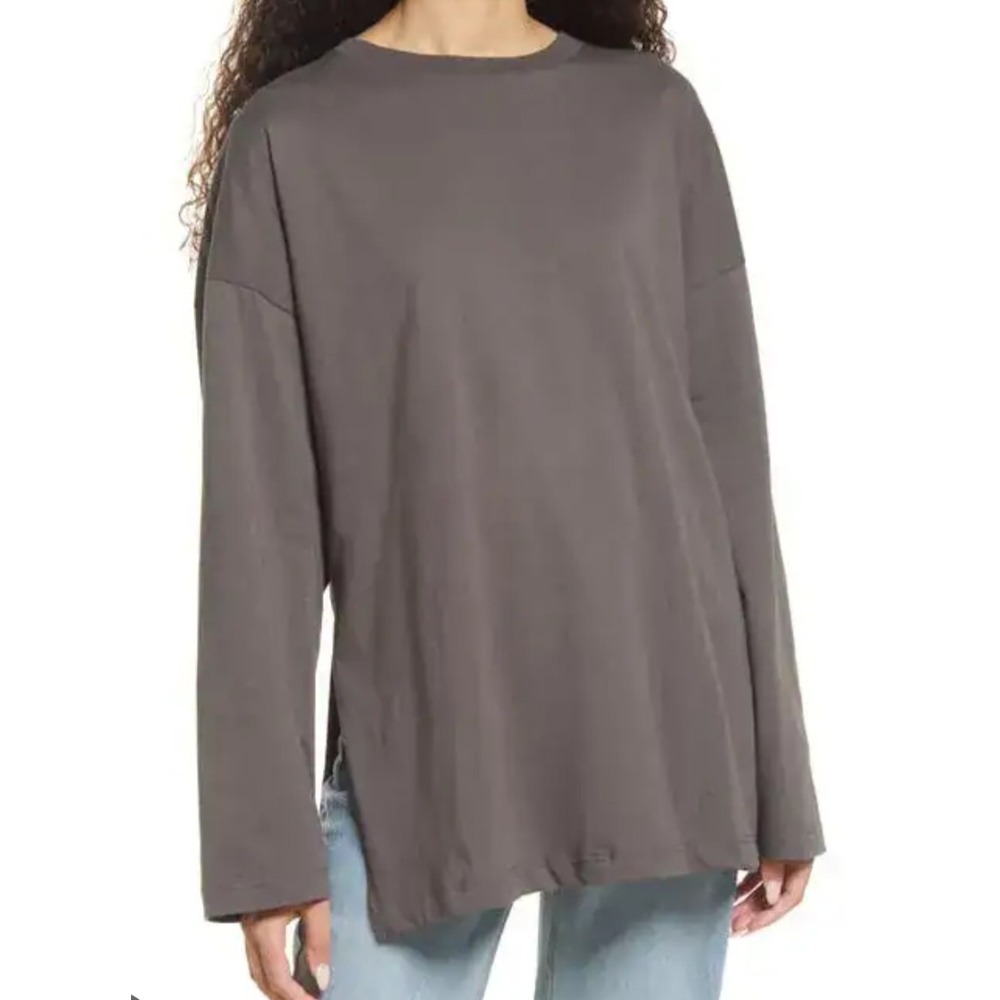 Topshop Womens XL Charcoal Grey Oversized Long Sleeve Side Slit T-Shirt US 14‎